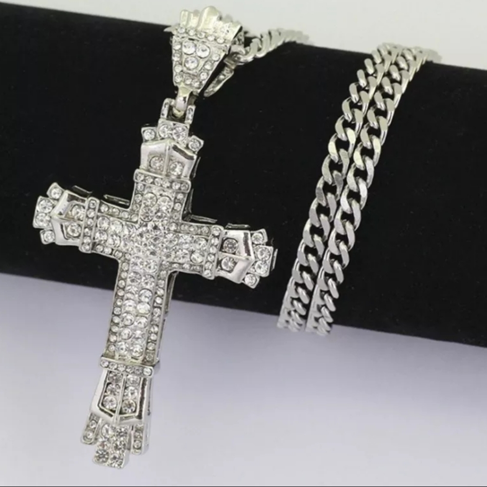 Silver Tone CZ Cross Pendant Necklace - Picture 5 of 5